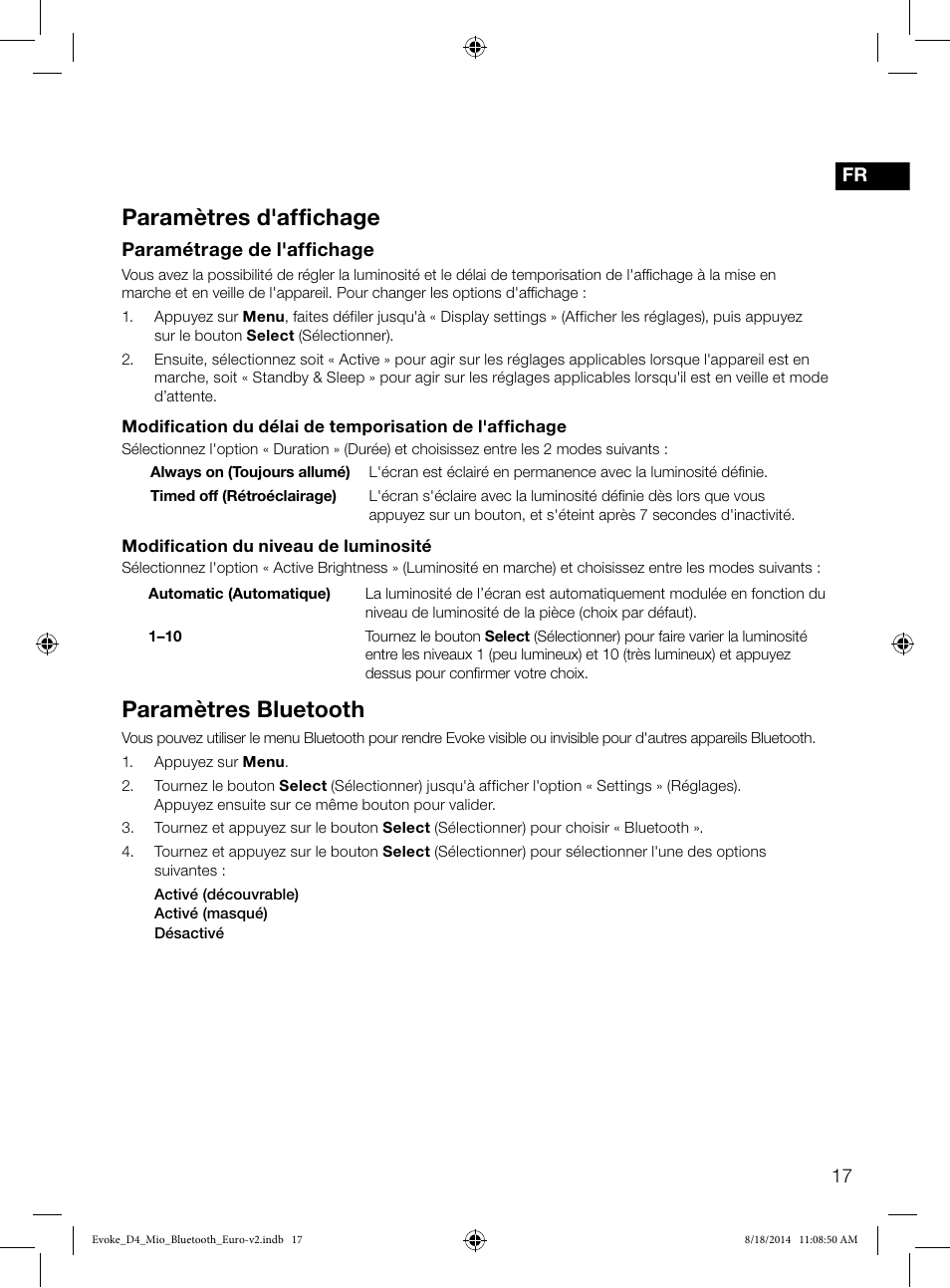 Paramètres d'affichage, Paramètres bluetooth | Pure Evoke D4 Mio with Bluetooth User Manual | Page 41 / 116