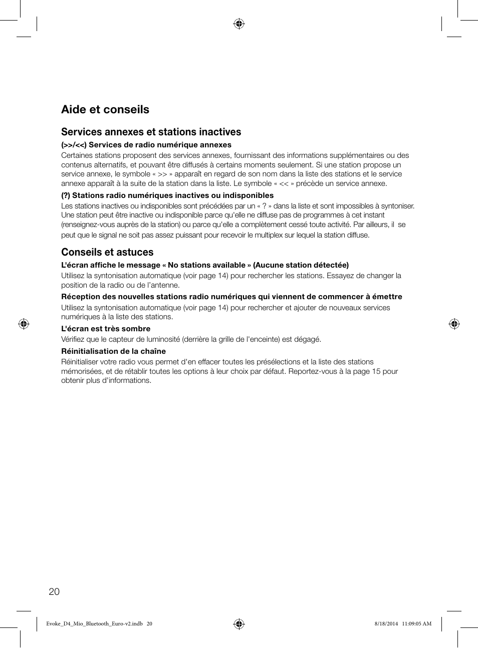Aide et conseils, Services annexes et stations inactives, Conseils et astuces | Pure Evoke D4 Mio with Bluetooth User Manual | Page 44 / 116