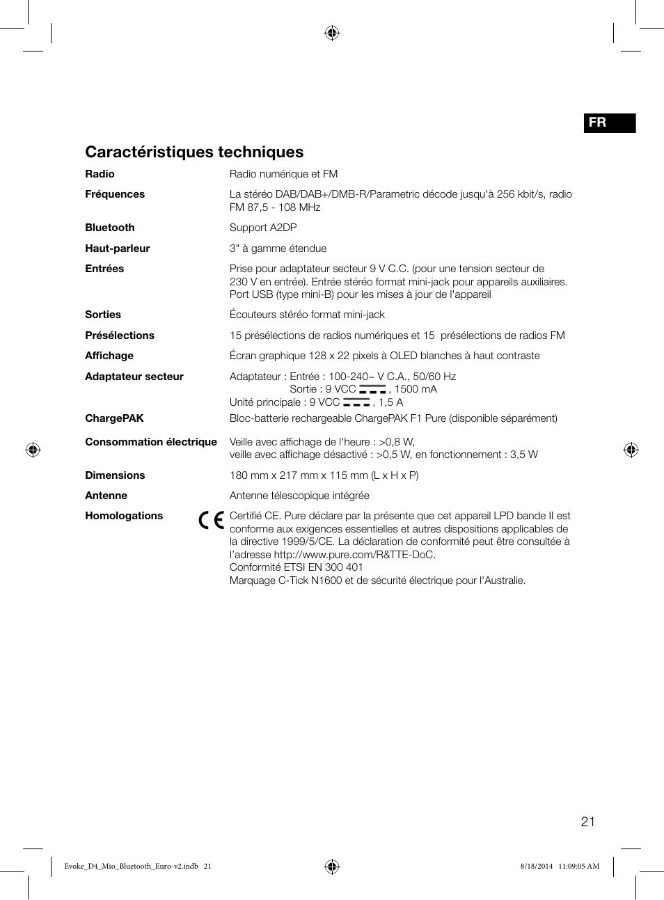 Caractéristiques techniques | Pure Evoke D4 Mio with Bluetooth User Manual | Page 45 / 116