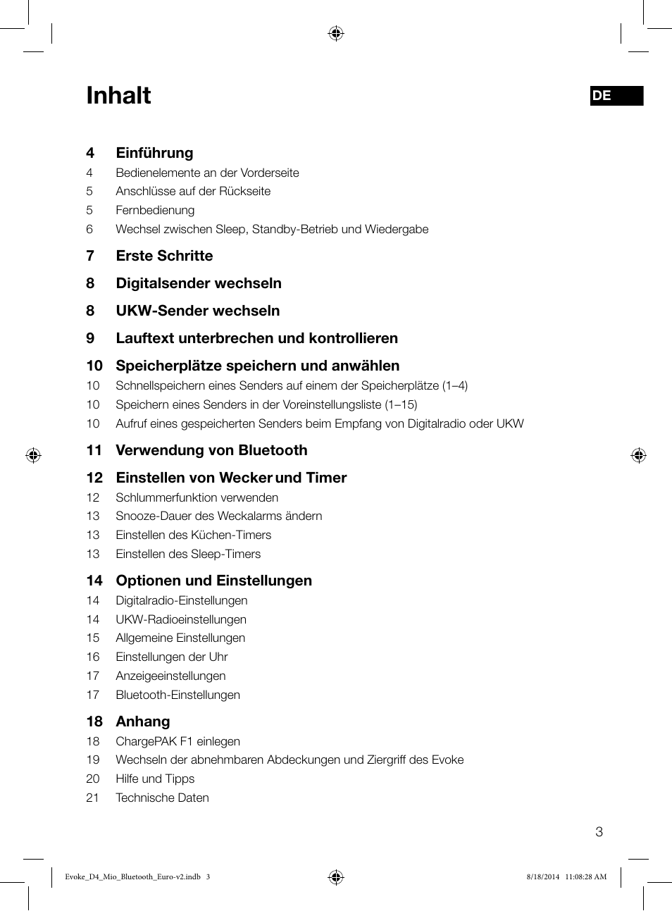 Inhalt | Pure Evoke D4 Mio with Bluetooth User Manual | Page 5 / 116