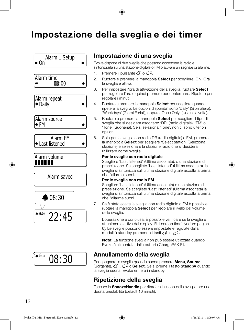 Impostazione della sveglia e dei timer, Impostazione di una sveglia, Annullamento della sveglia | Ripetizione della sveglia, Alarm saved | Pure Evoke D4 Mio with Bluetooth User Manual | Page 58 / 116