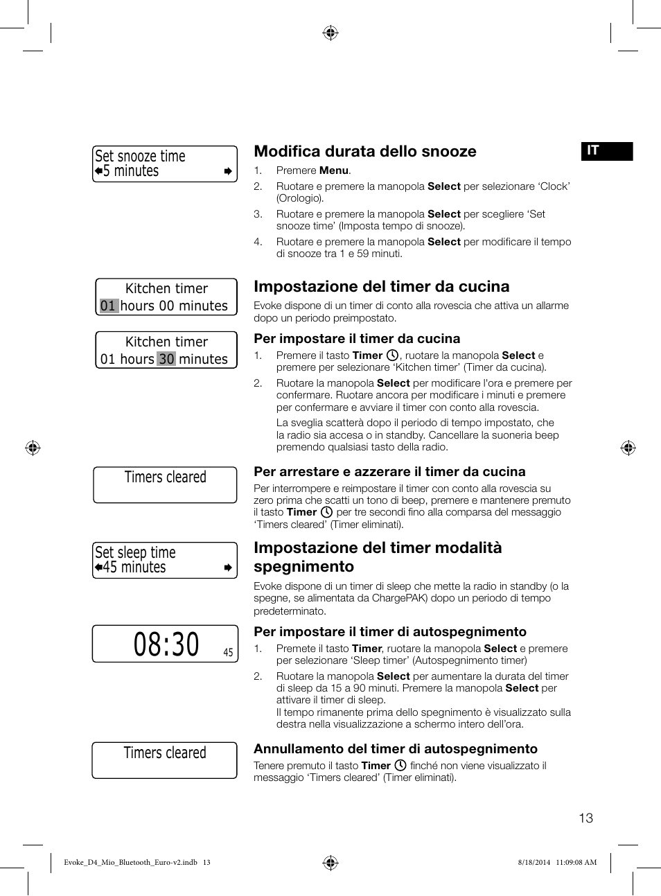 Modifica durata dello snooze, Impostazione del timer da cucina, Impostazione del timer modalità spegnimento | 45 minutes set sleep time, 5 minutes set snooze time, Timers cleared | Pure Evoke D4 Mio with Bluetooth User Manual | Page 59 / 116