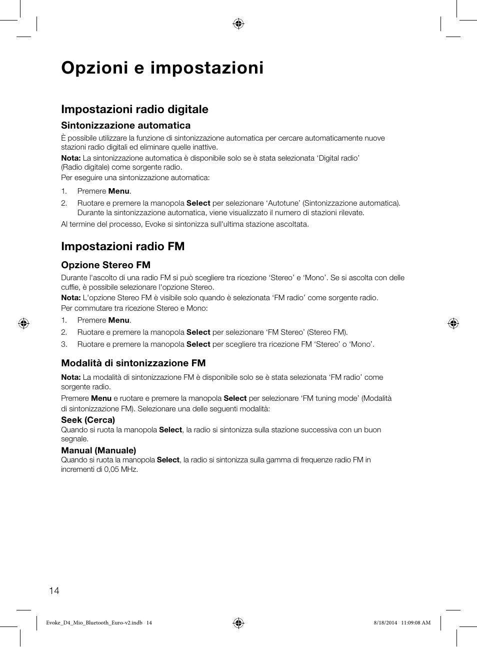 Opzioni e impostazioni, Impostazioni radio digitale, Impostazioni radio fm | Pure Evoke D4 Mio with Bluetooth User Manual | Page 60 / 116