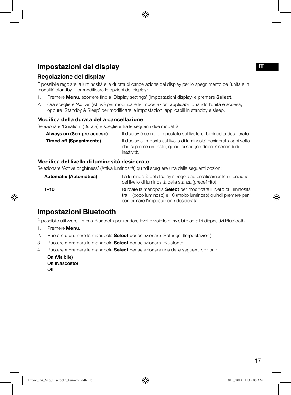 Impostazioni del display, Impostazioni bluetooth | Pure Evoke D4 Mio with Bluetooth User Manual | Page 63 / 116