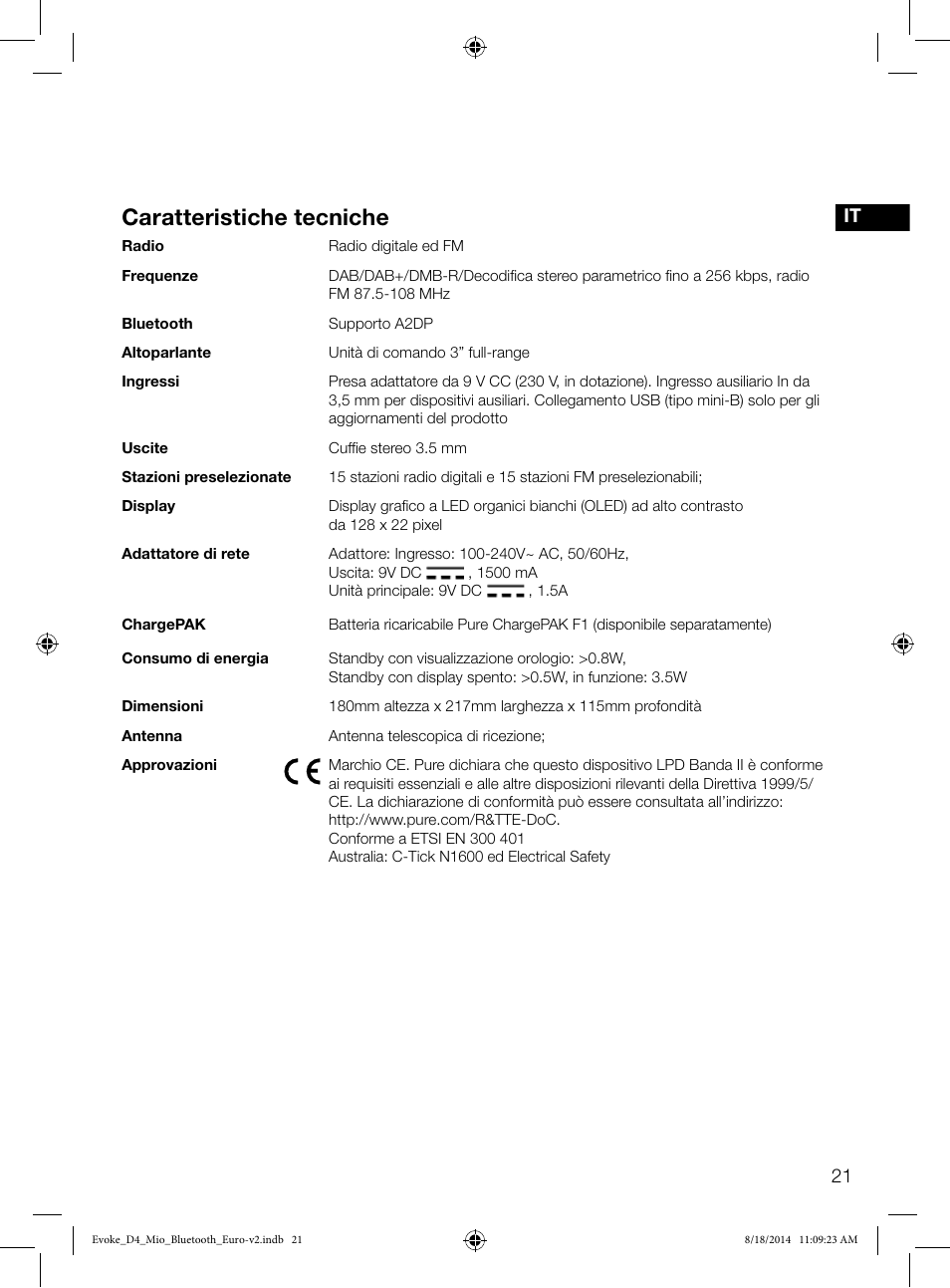 Caratteristiche tecniche, Es it | Pure Evoke D4 Mio with Bluetooth User Manual | Page 67 / 116