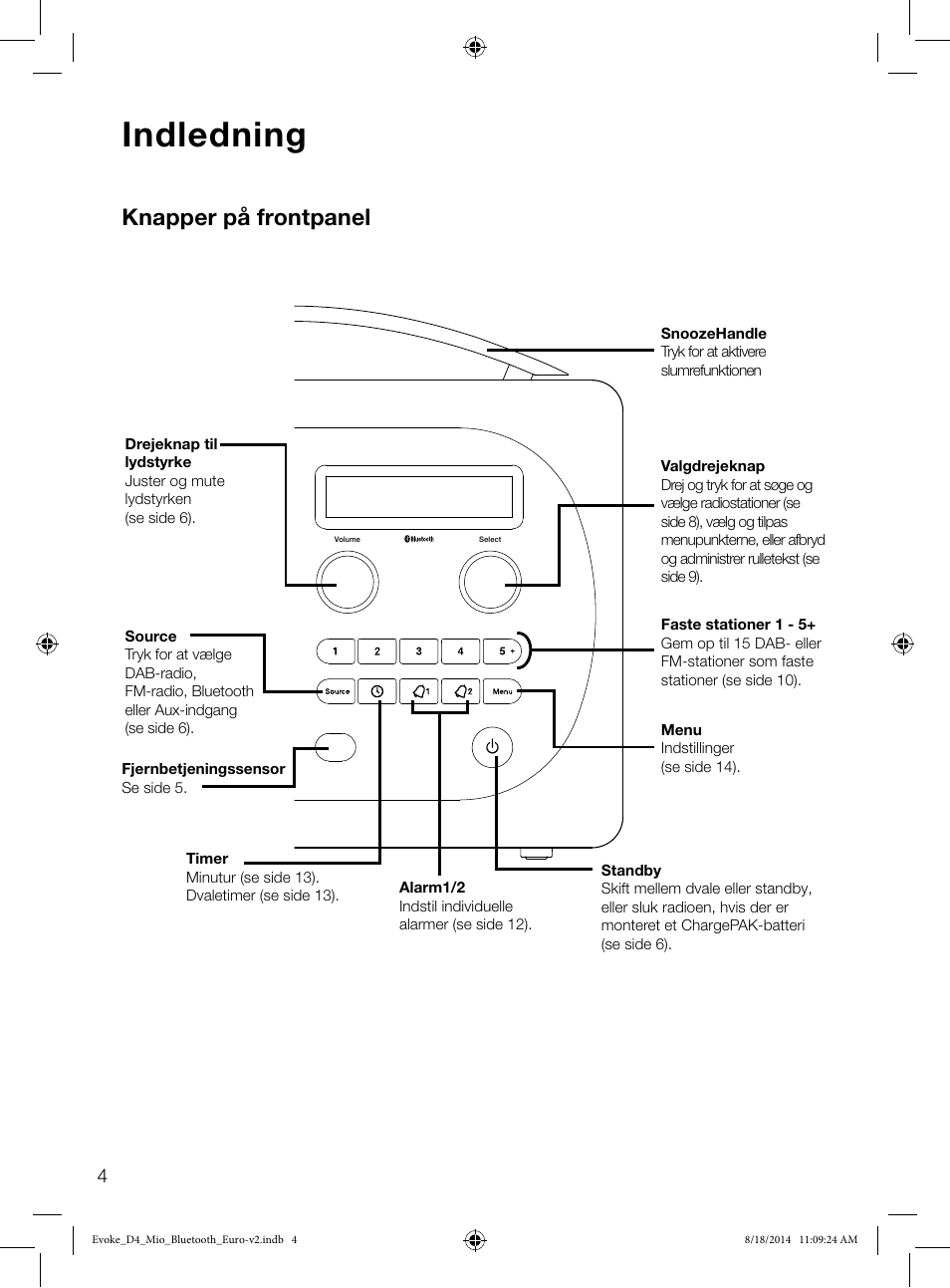 Indledning, Knapper på frontpanel | Pure Evoke D4 Mio with Bluetooth User Manual | Page 72 / 116