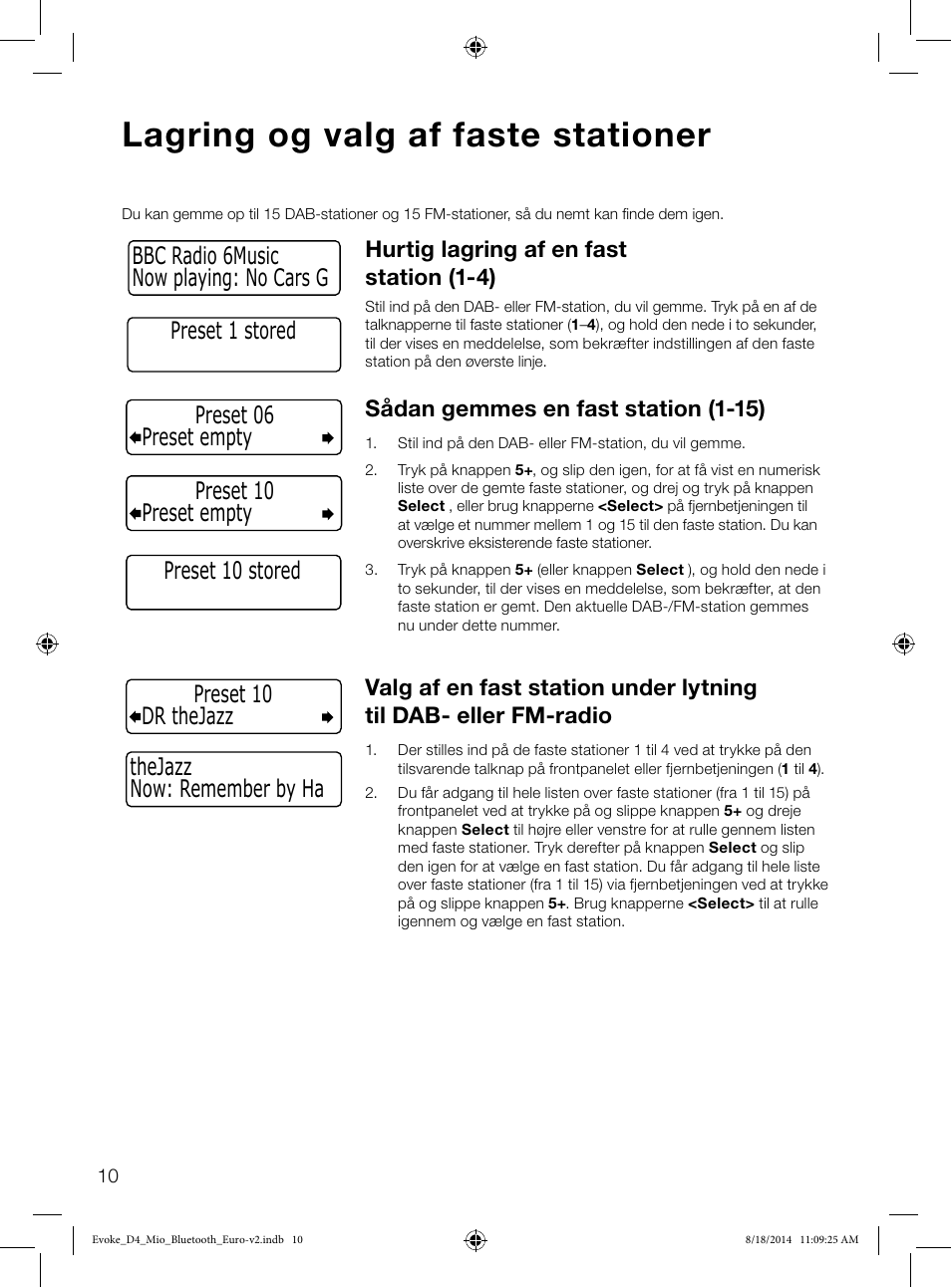 Lagring og valg af faste stationer, Hurtig lagring af en fast station (1-4), Sådan gemmes en fast station (1-15) | Pure Evoke D4 Mio with Bluetooth User Manual | Page 78 / 116