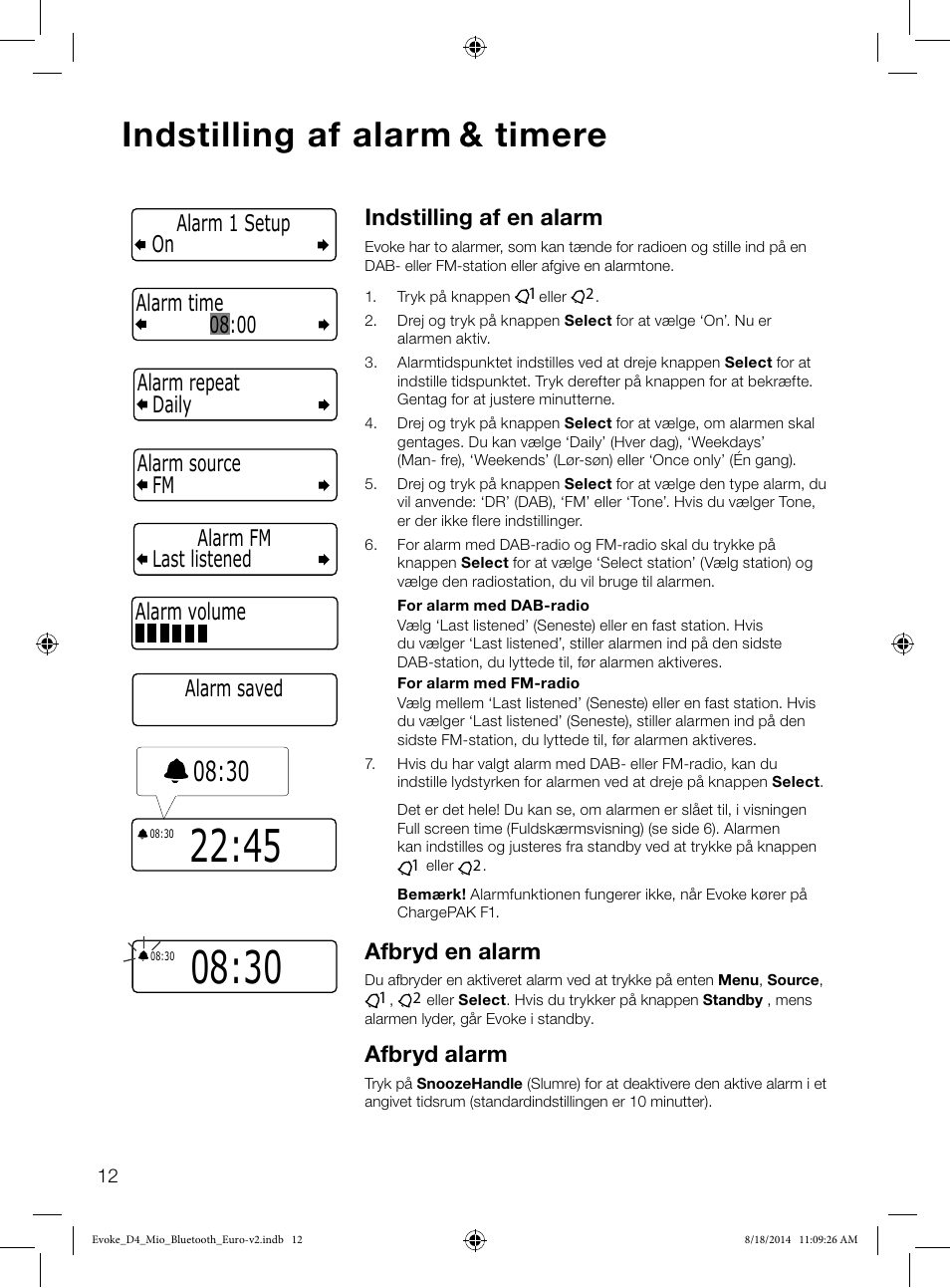 Indstilling af alarm & timere, Indstilling af en alarm, Afbryd en alarm | Afbryd alarm, Alarm saved | Pure Evoke D4 Mio with Bluetooth User Manual | Page 80 / 116