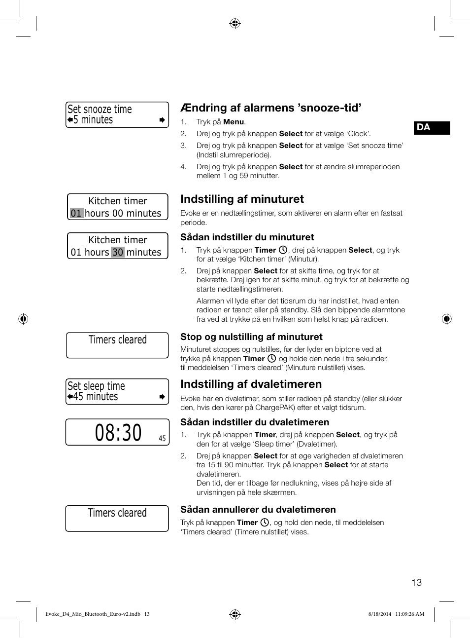 Ændring af alarmens ’snooze-tid, Indstilling af minuturet, Indstilling af dvaletimeren | 45 minutes set sleep time, 5 minutes set snooze time, Timers cleared | Pure Evoke D4 Mio with Bluetooth User Manual | Page 81 / 116