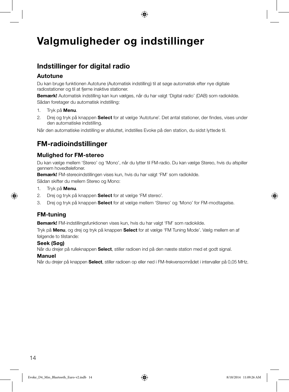 Valgmuligheder og indstillinger, Indstillinger for digital radio, Fm-radioindstillinger | Pure Evoke D4 Mio with Bluetooth User Manual | Page 82 / 116