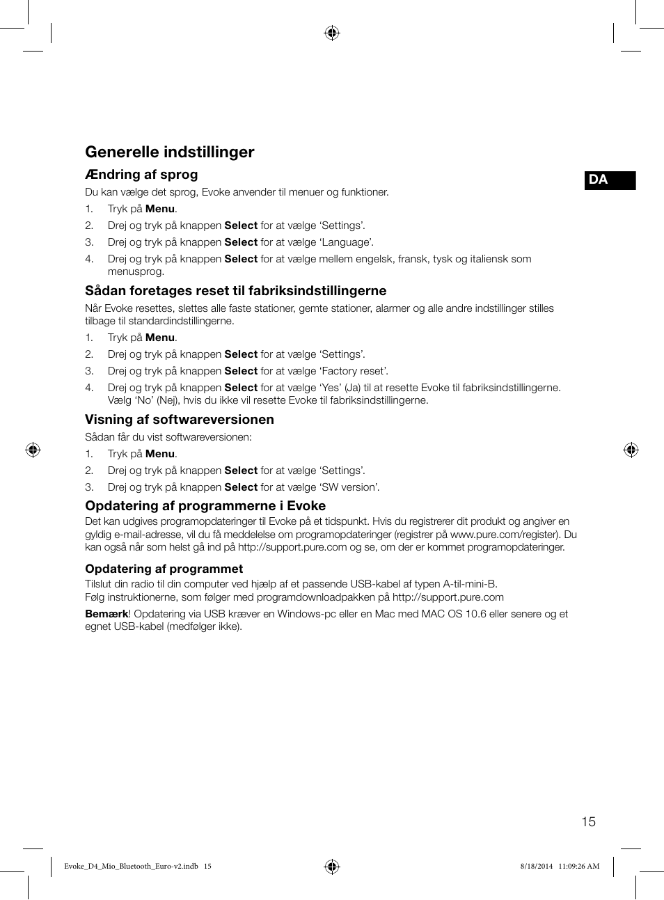 Generelle indstillinger | Pure Evoke D4 Mio with Bluetooth User Manual | Page 83 / 116
