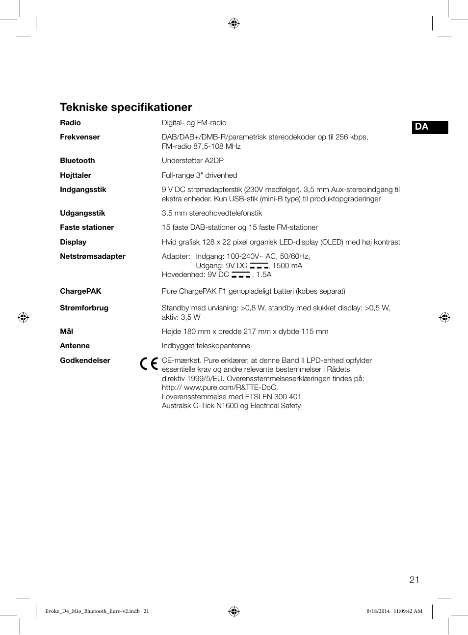 Tekniske specifikationer | Pure Evoke D4 Mio with Bluetooth User Manual | Page 89 / 116