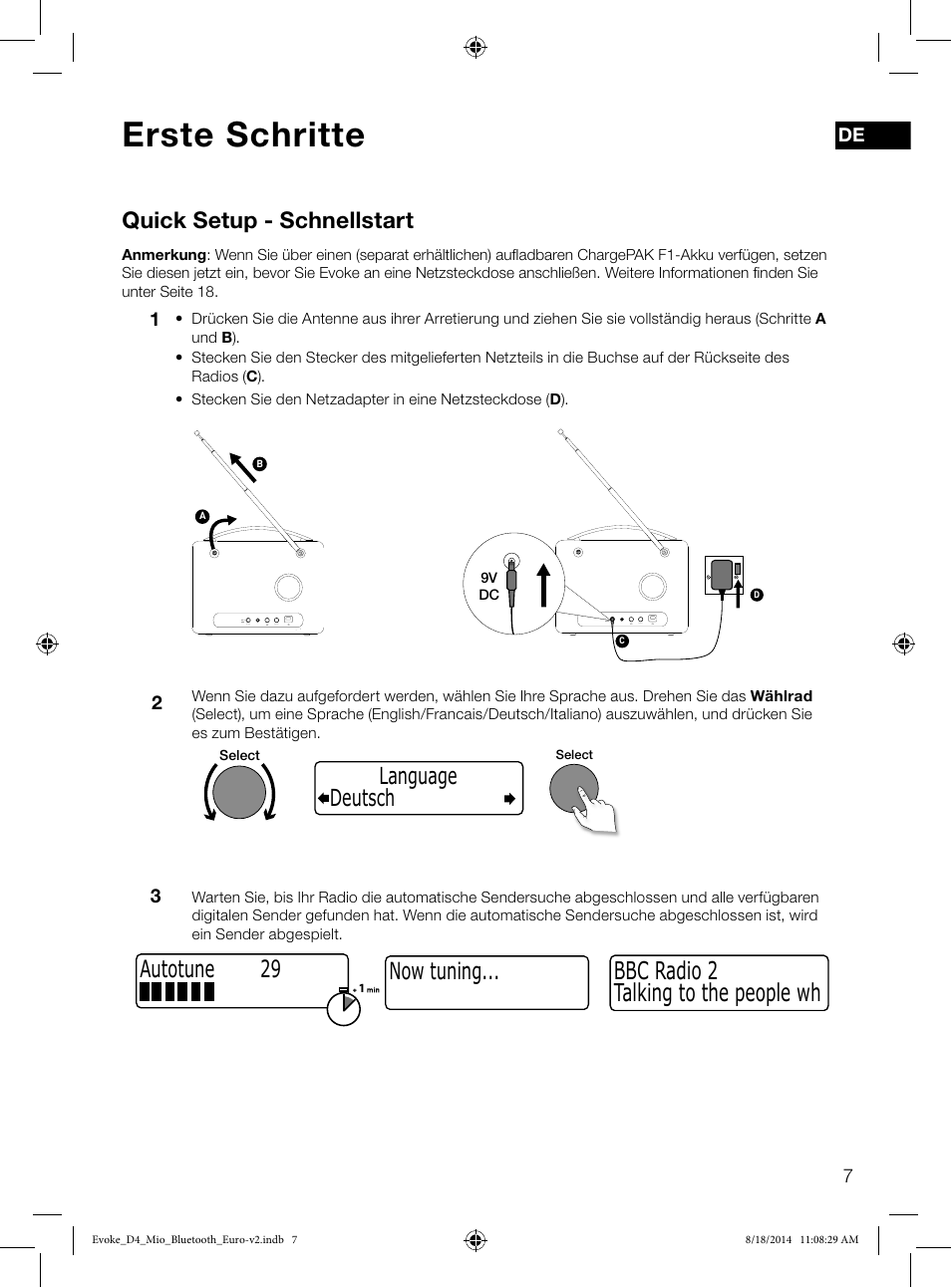 Erste schritte, Talking to the people wh bbc radio 2, Quick setup - schnellstart | Now tuning, Deutsch language, Autotune 29 | Pure Evoke D4 Mio with Bluetooth User Manual | Page 9 / 116