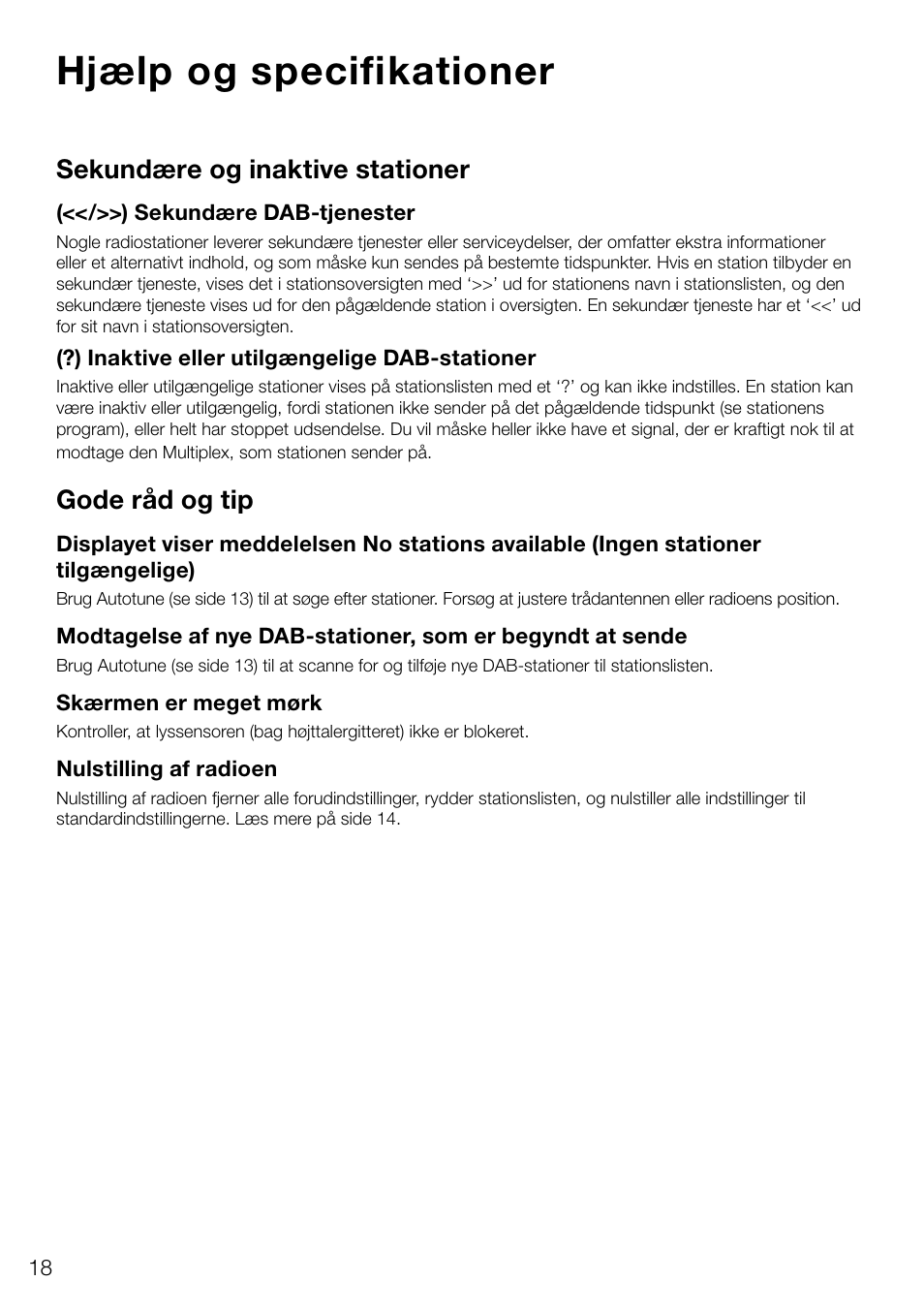 Hjælp og specifikationer, Sekundære og inaktive stationer, Gode råd og tip | Pure Evoke D4 User Manual | Page 100 / 124