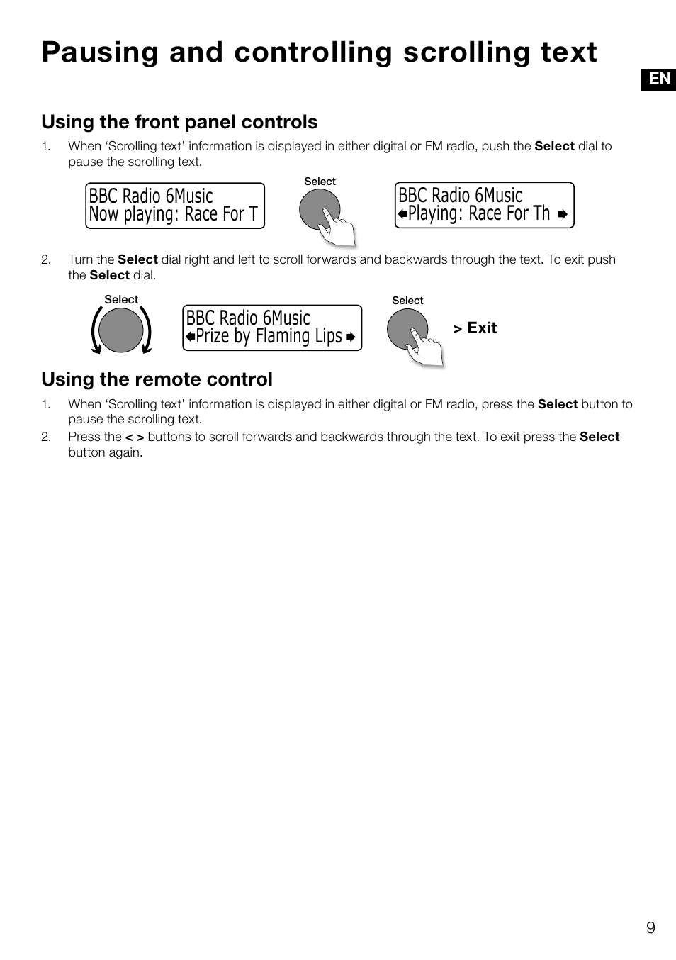 Pausing and controlling scrolling text, Using the front panel controls, Using the remote control | Pure Evoke D4 User Manual | Page 11 / 124