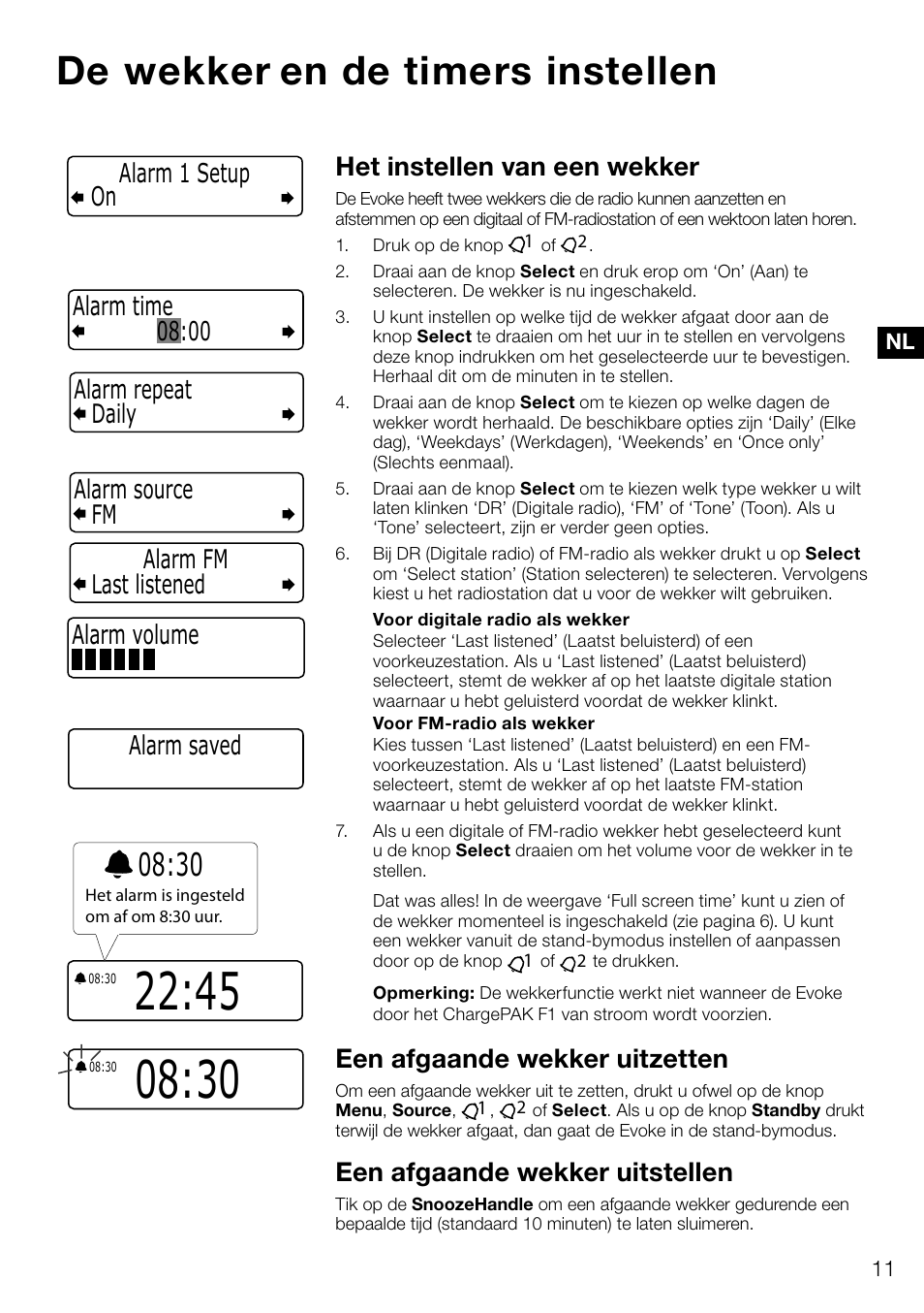 De wekker en de timers instellen, Het instellen van een wekker, Een afgaande wekker uitzetten | Een afgaande wekker uitstellen, Alarm volume | Pure Evoke D4 User Manual | Page 113 / 124