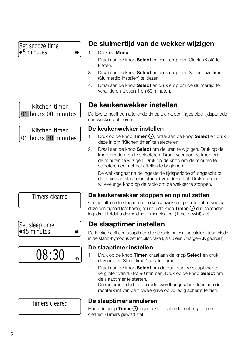 De sluimertijd van de wekker wijzigen, De keukenwekker instellen, De slaaptimer instellen | 45 minutes set sleep time, Timers cleared, 5 minutes set snooze time | Pure Evoke D4 User Manual | Page 114 / 124