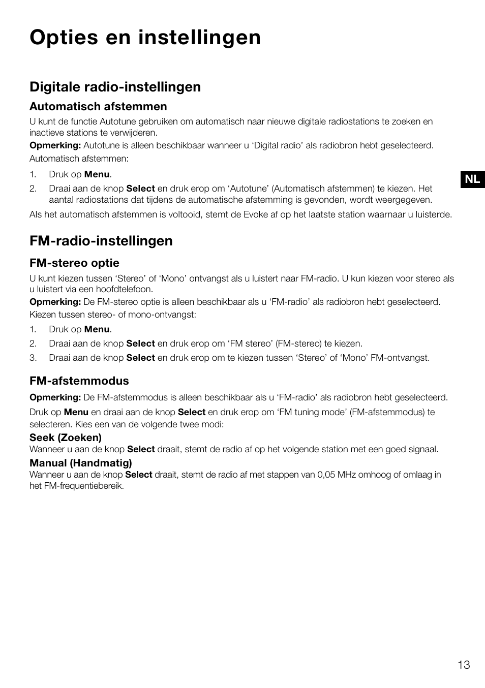 Opties en instellingen, Digitale radio-instellingen, Fm-radio-instellingen | Pure Evoke D4 User Manual | Page 115 / 124
