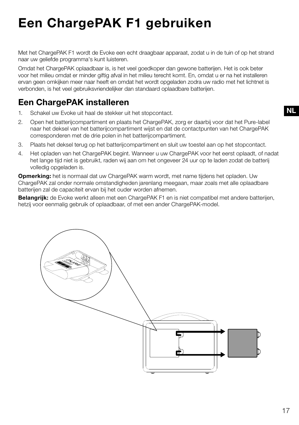 Een chargepak f1 gebruiken, Een chargepak installeren | Pure Evoke D4 User Manual | Page 119 / 124