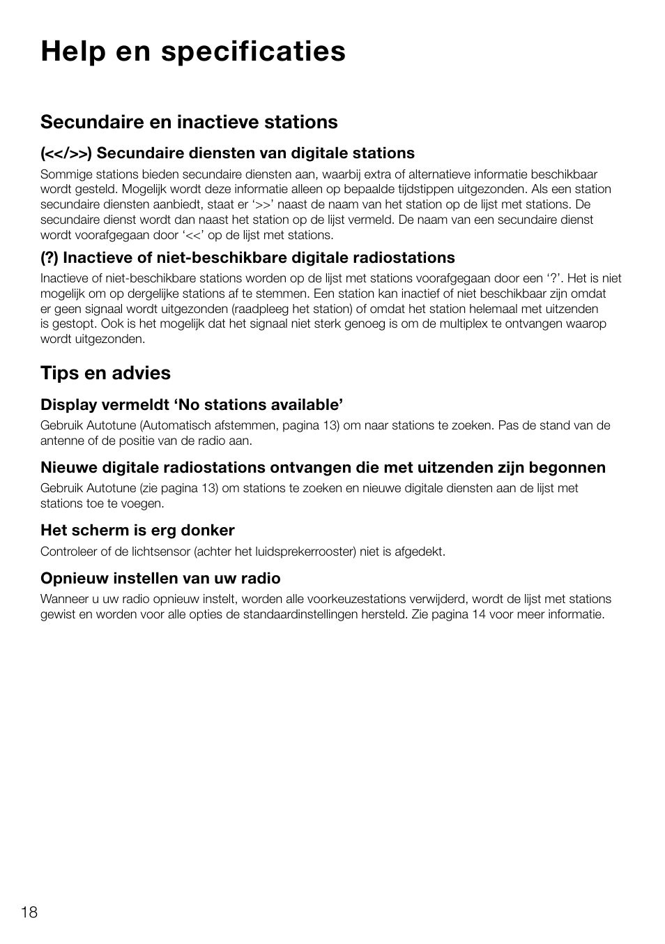 Help en specificaties, Secundaire en inactieve stations, Tips en advies | Pure Evoke D4 User Manual | Page 120 / 124