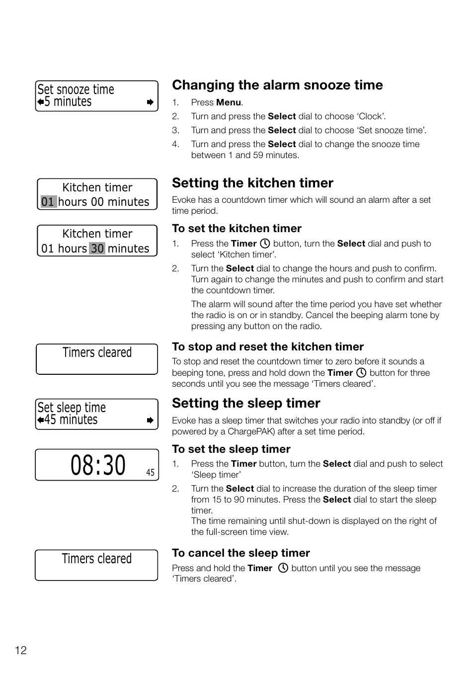Changing the alarm snooze time, Setting the kitchen timer, Setting the sleep timer | 45 minutes set sleep time, Timers cleared, 5 minutes set snooze time | Pure Evoke D4 User Manual | Page 14 / 124