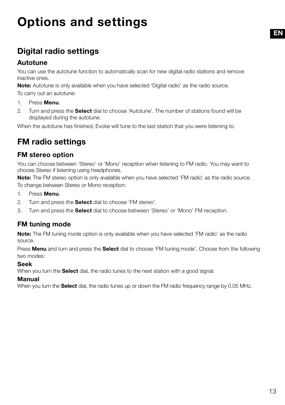 Options and settings, Digital radio settings, Fm radio settings | Pure Evoke D4 User Manual | Page 15 / 124