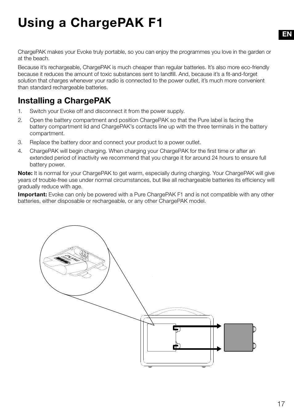 Using a chargepak f1, Installing a chargepak | Pure Evoke D4 User Manual | Page 19 / 124