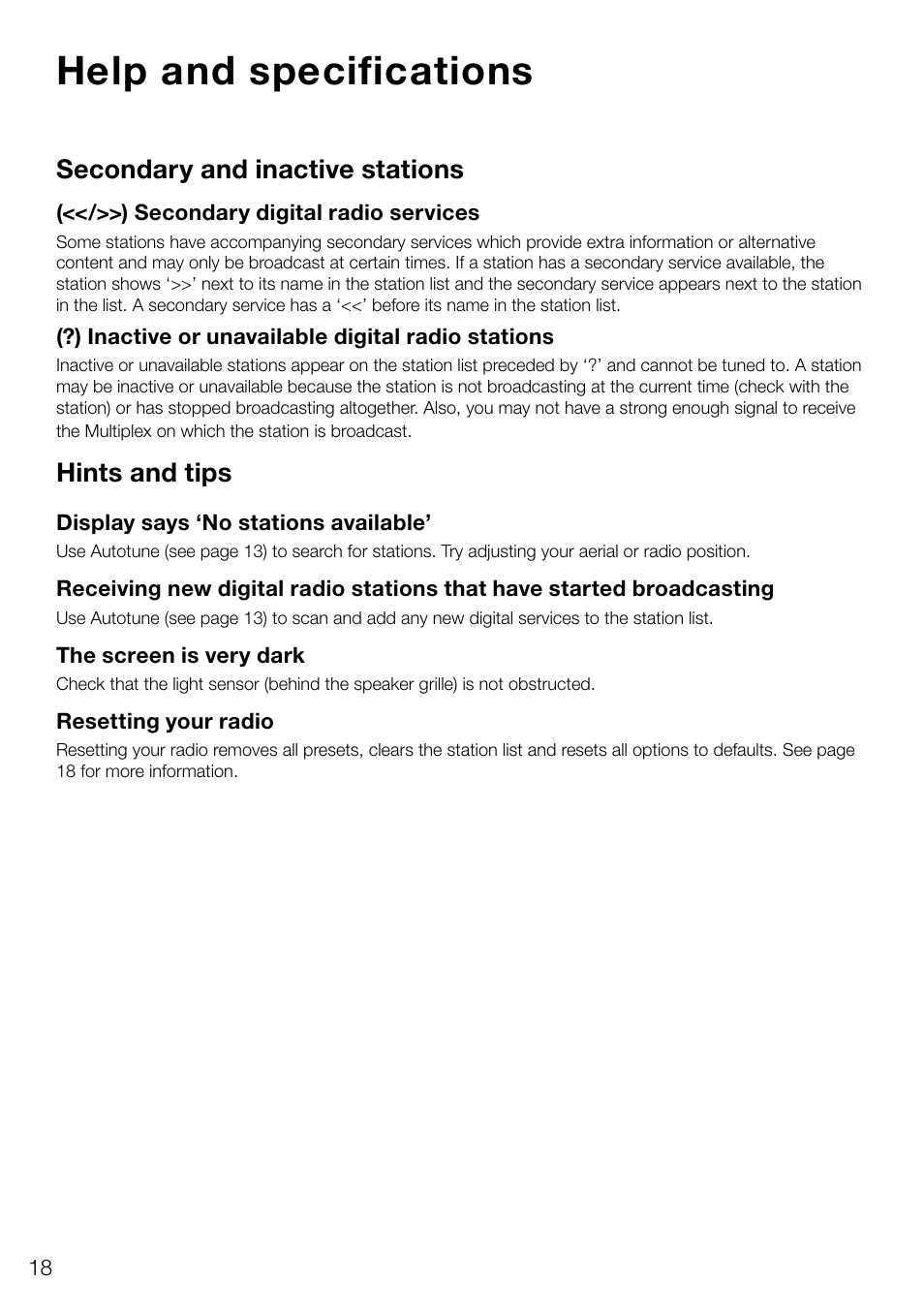 Help and specifications, Secondary and inactive stations, Hints and tips | Pure Evoke D4 User Manual | Page 20 / 124