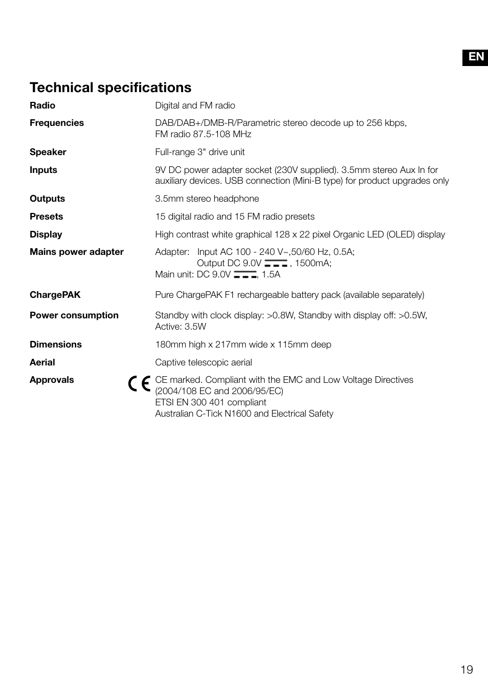 Technical specifications | Pure Evoke D4 User Manual | Page 21 / 124