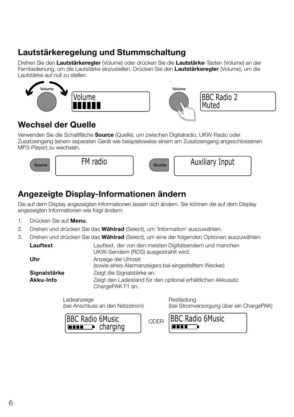 Volume fm radio, Auxiliary input, Bbc radio 6music 50 | Lautstärkeregelung und stummschaltung, Wechsel der quelle, Muted bbc radio 2, Angezeigte display-informationen ändern, Bbc radio 6music charging | Pure Evoke D4 User Manual | Page 28 / 124