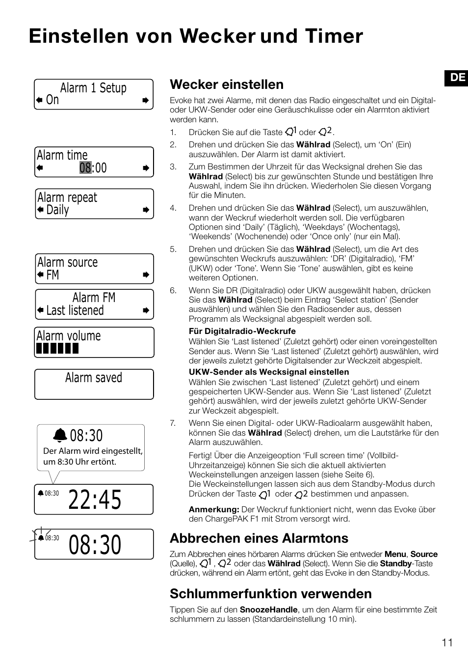 Einstellen von wecker und timer, Wecker einstellen, Abbrechen eines alarmtons | Schlummerfunktion verwenden, Alarm volume | Pure Evoke D4 User Manual | Page 33 / 124