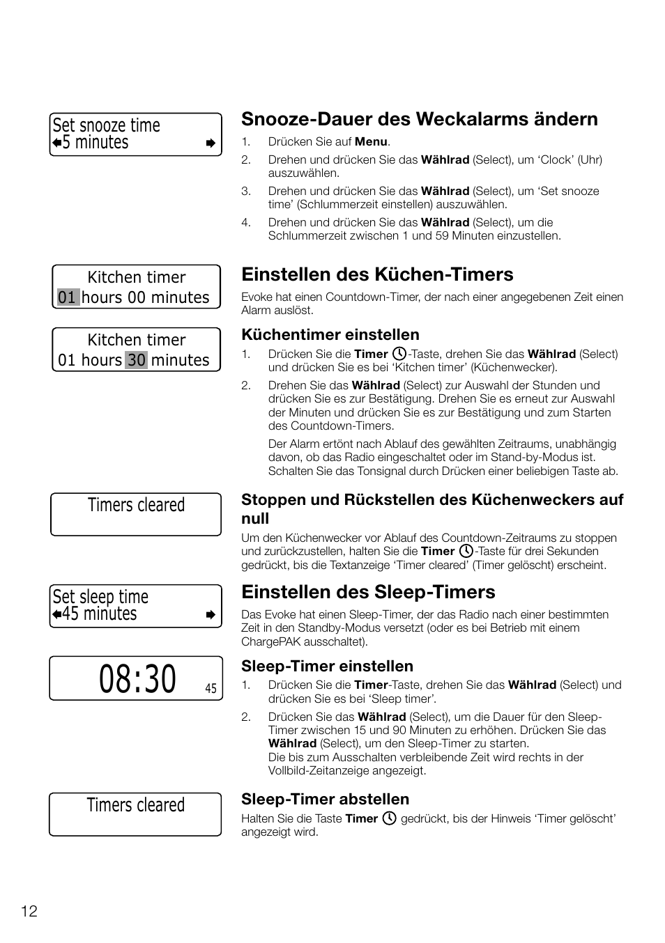 Snooze-dauer des weckalarms ändern, Einstellen des küchen-timers, Einstellen des sleep-timers | 45 minutes set sleep time, Timers cleared, 5 minutes set snooze time | Pure Evoke D4 User Manual | Page 34 / 124