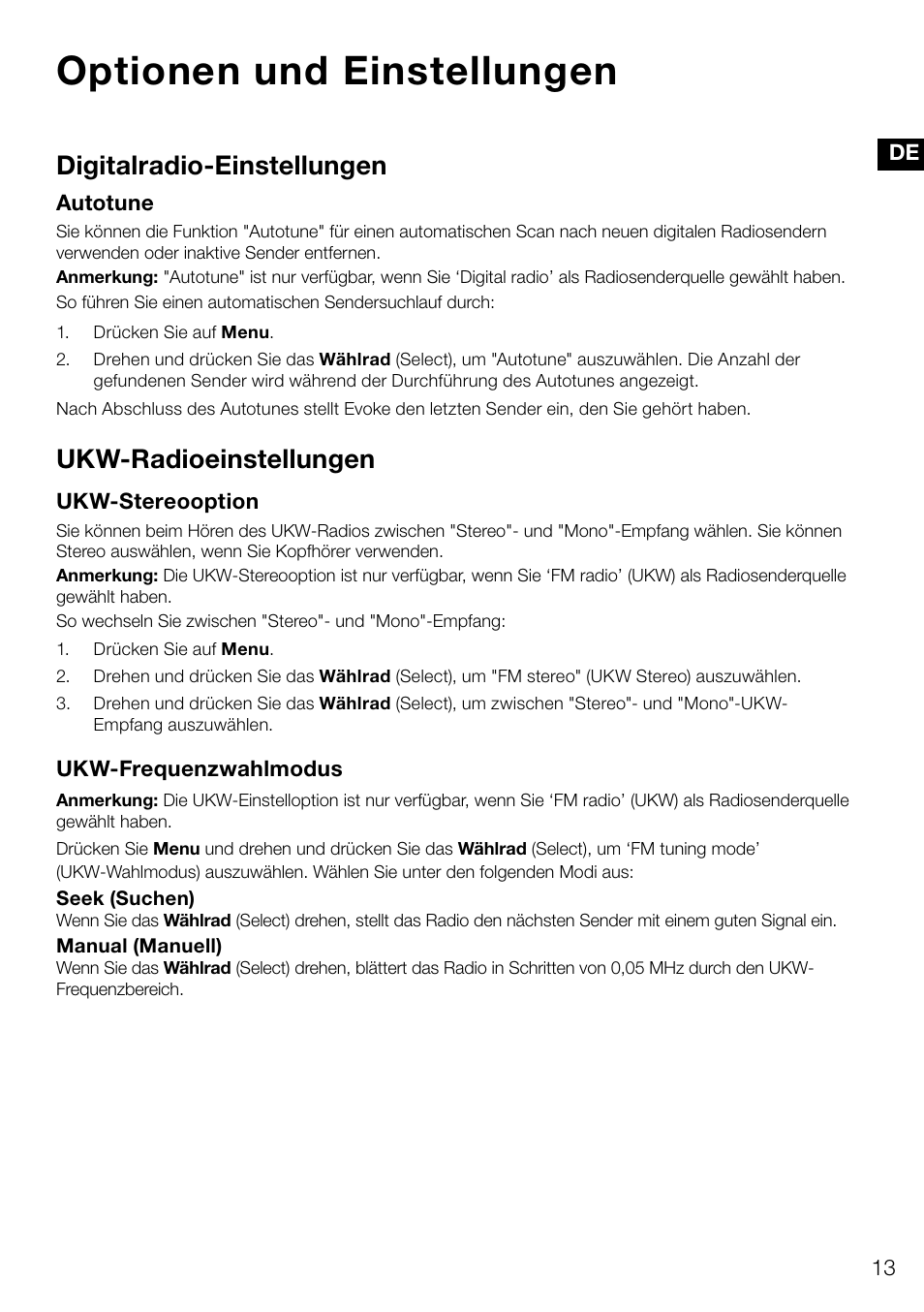 Optionen und einstellungen, Digitalradio-einstellungen, Ukw-radioeinstellungen | Pure Evoke D4 User Manual | Page 35 / 124