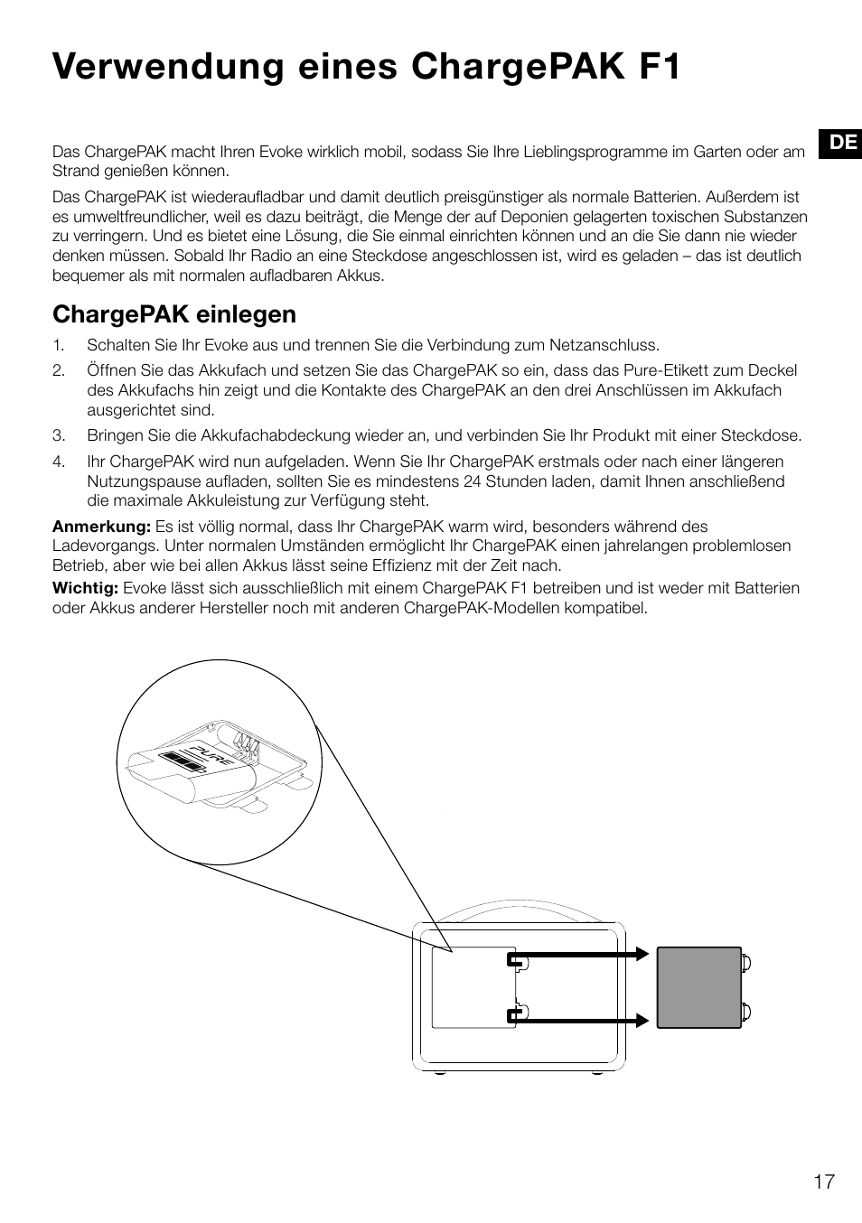 Verwendung eines chargepak f1, Chargepak einlegen | Pure Evoke D4 User Manual | Page 39 / 124