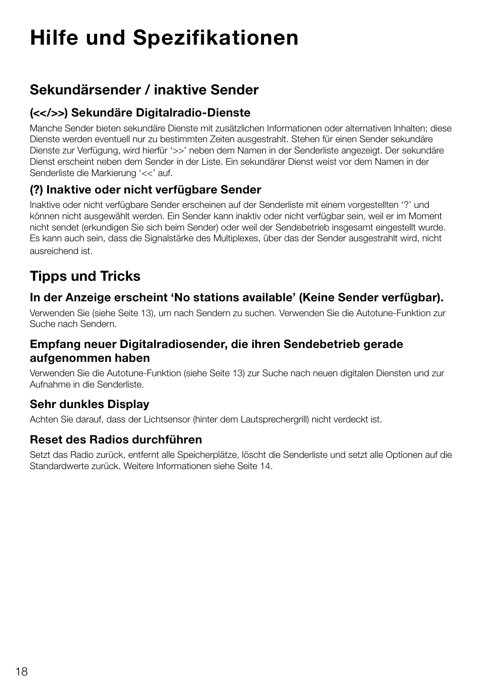 Hilfe und spezifikationen, Sekundärsender / inaktive sender, Tipps und tricks | Pure Evoke D4 User Manual | Page 40 / 124