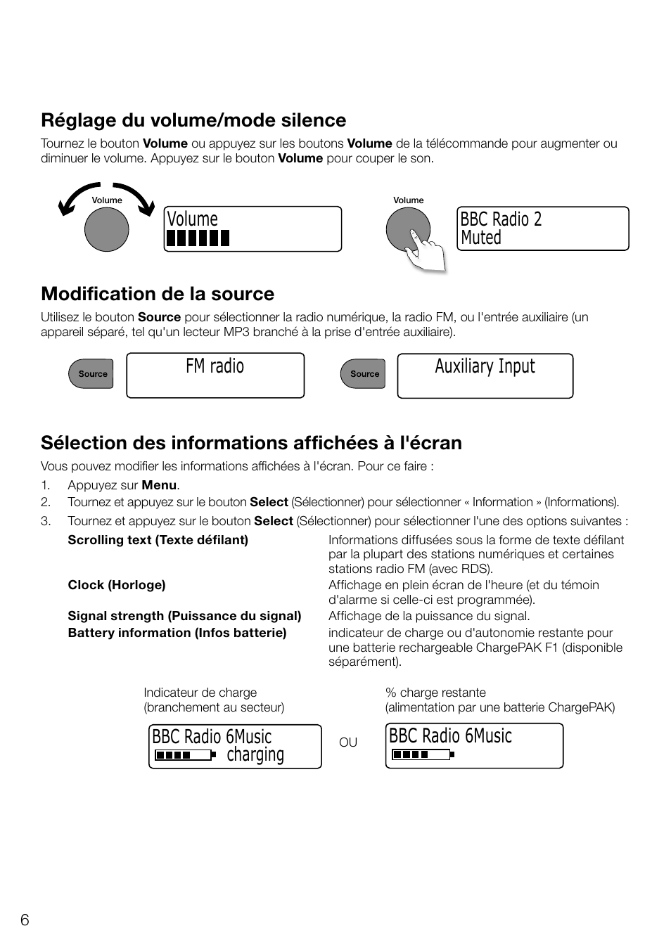 Volume fm radio, Auxiliary input, Bbc radio 6music 50 | Réglage du volume/mode silence, Modification de la source, Muted bbc radio 2, Sélection des informations affichées à l'écran, Bbc radio 6music charging | Pure Evoke D4 User Manual | Page 48 / 124