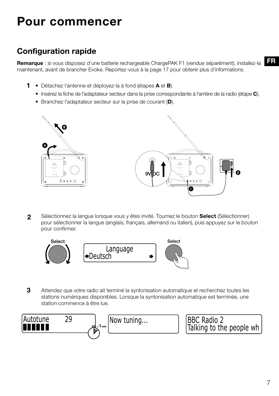 Pour commencer, Talking to the people wh bbc radio 2, Now tuning | Autotune 29, Configuration rapide, Deutsch language | Pure Evoke D4 User Manual | Page 49 / 124