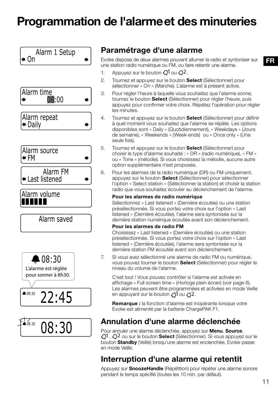 Programmation de l'alarme et des minuteries, Paramétrage d'une alarme, Annulation d'une alarme déclenchée | Interruption d'une alarme qui retentit, Alarm volume | Pure Evoke D4 User Manual | Page 53 / 124