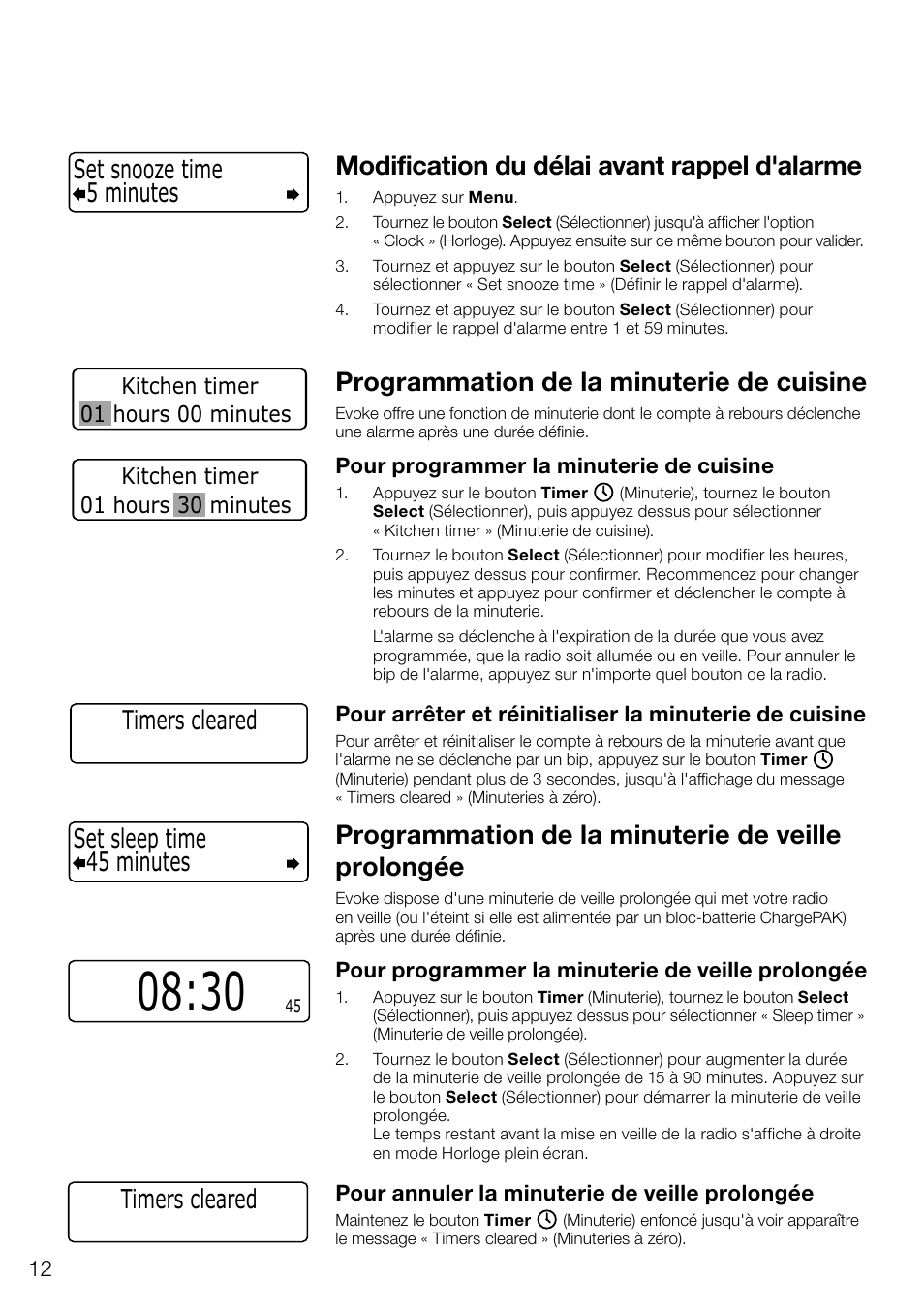 Modification du délai avant rappel d'alarme, Programmation de la minuterie de cuisine, Programmation de la minuterie de veille prolongée | 45 minutes set sleep time, Timers cleared, 5 minutes set snooze time, 01 hours 00 minutes, Kitchen timer, 01 hours 30 minutes | Pure Evoke D4 User Manual | Page 54 / 124