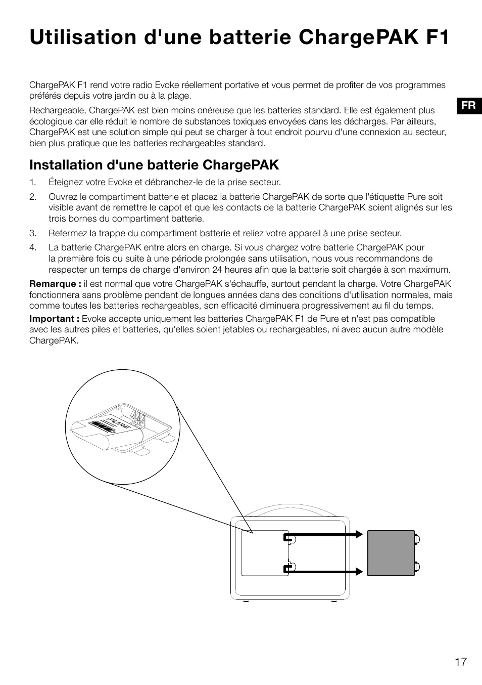 Utilisation d'une batterie chargepak f1, Installation d'une batterie chargepak | Pure Evoke D4 User Manual | Page 59 / 124