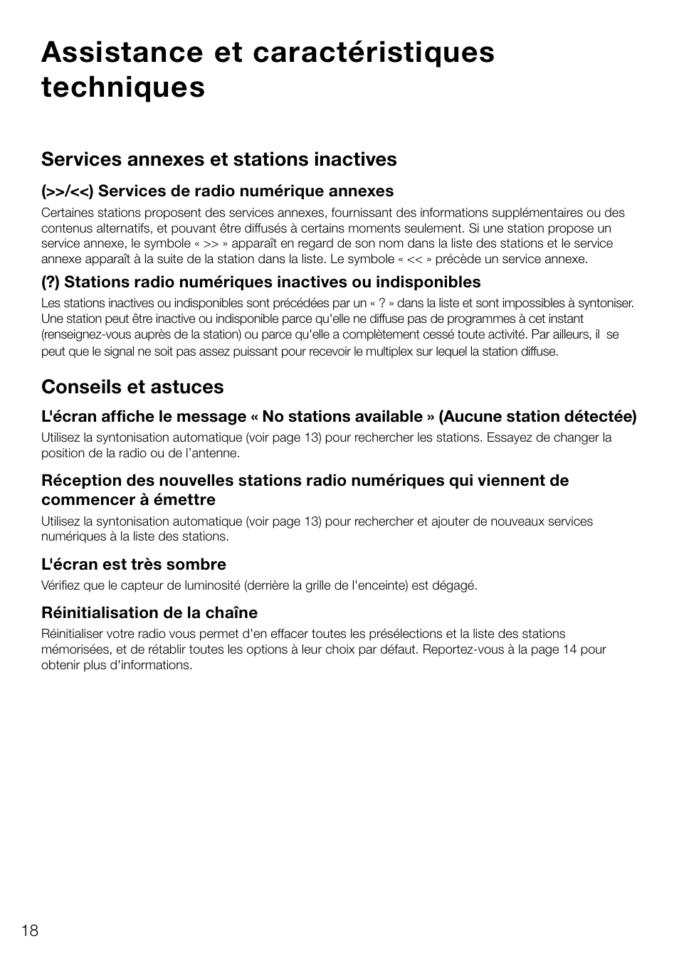 Assistance et caractéristiques techniques, Services annexes et stations inactives, Conseils et astuces | Pure Evoke D4 User Manual | Page 60 / 124