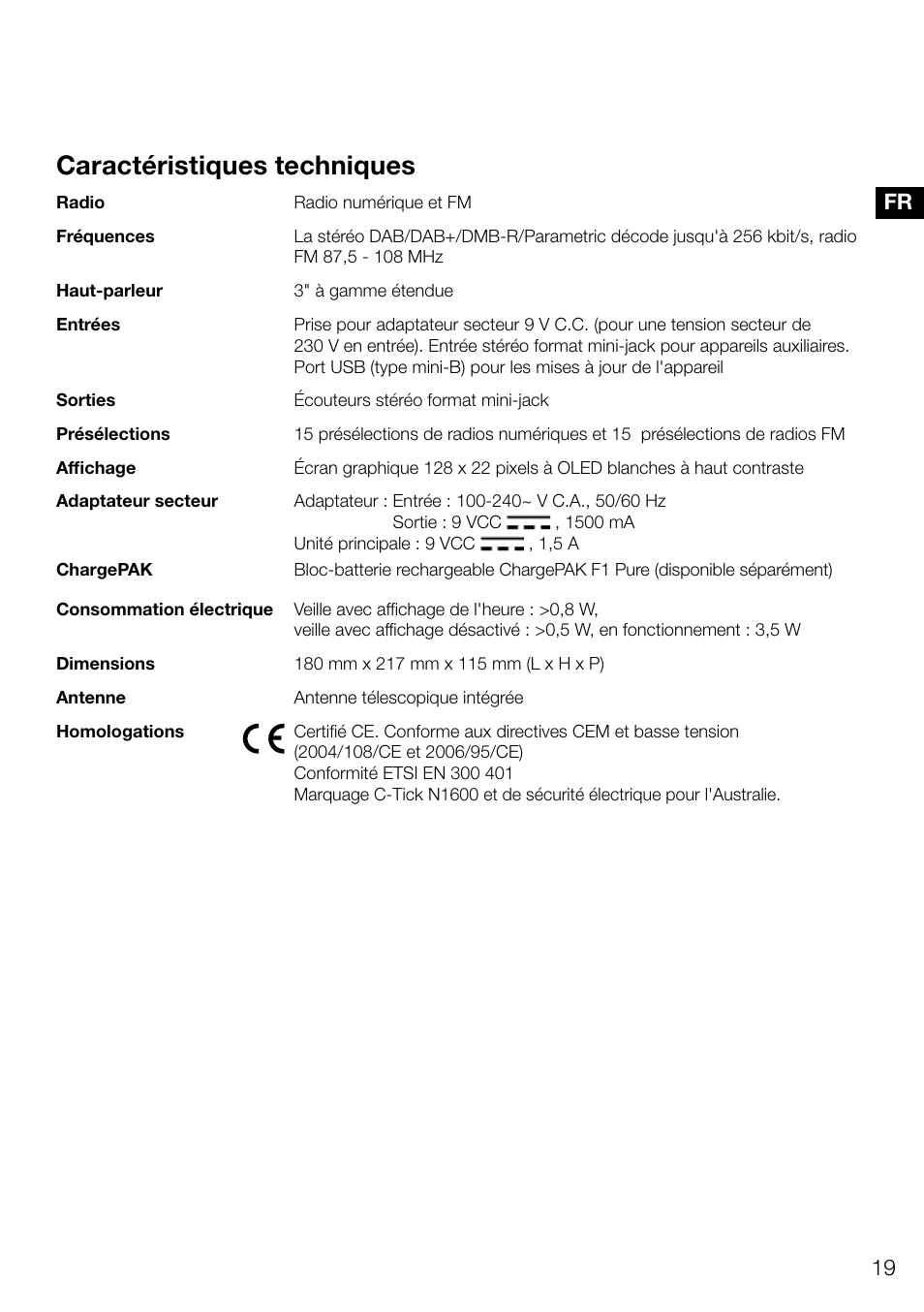 Caractéristiques techniques | Pure Evoke D4 User Manual | Page 61 / 124