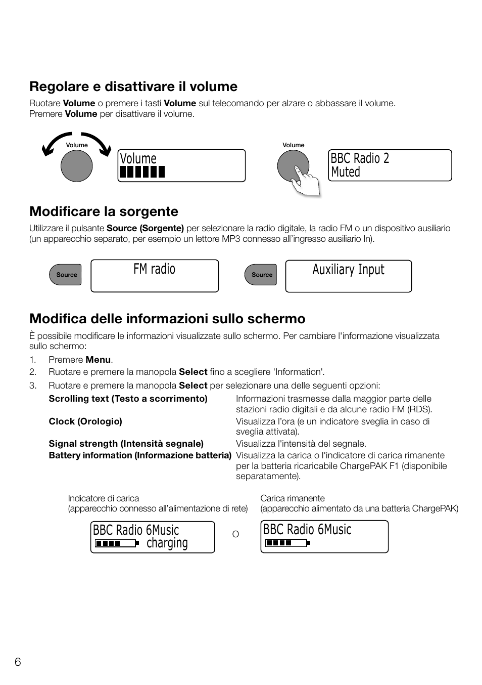 Volume fm radio, Auxiliary input, Bbc radio 6music 50 | Regolare e disattivare il volume, Modificare la sorgente, Muted bbc radio 2, Modifica delle informazioni sullo schermo, Bbc radio 6music charging | Pure Evoke D4 User Manual | Page 68 / 124