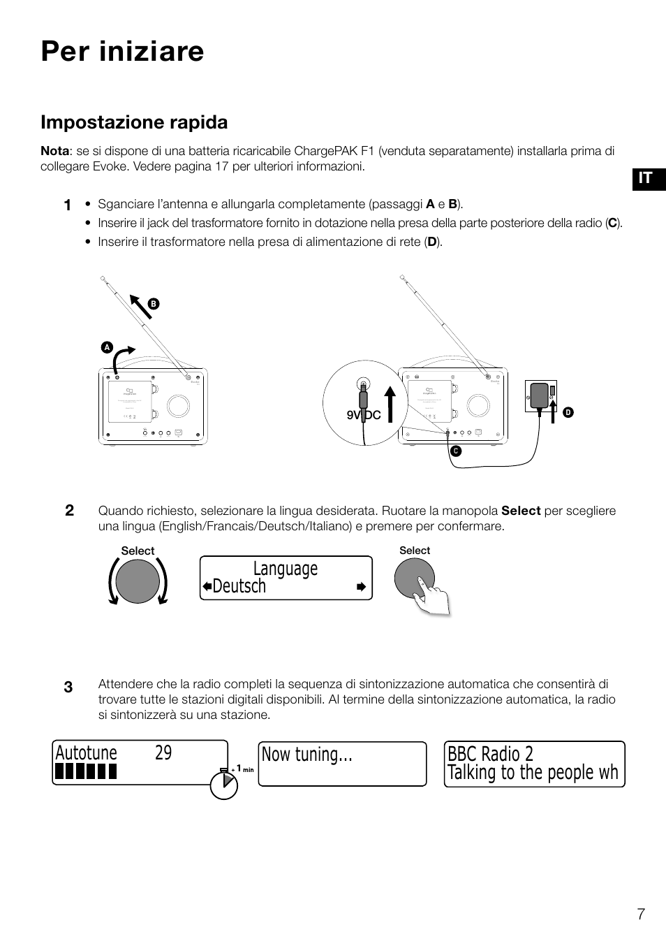 Per iniziare, Talking to the people wh bbc radio 2, Now tuning | Autotune 29, Impostazione rapida, Deutsch language, Es it | Pure Evoke D4 User Manual | Page 69 / 124