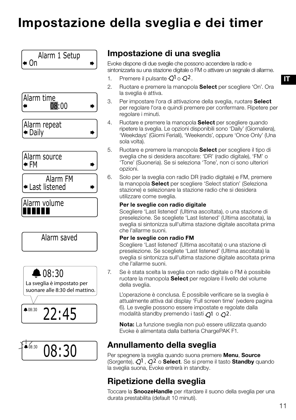 Impostazione della sveglia e dei timer, Impostazione di una sveglia, Annullamento della sveglia | Ripetizione della sveglia, Alarm volume | Pure Evoke D4 User Manual | Page 73 / 124