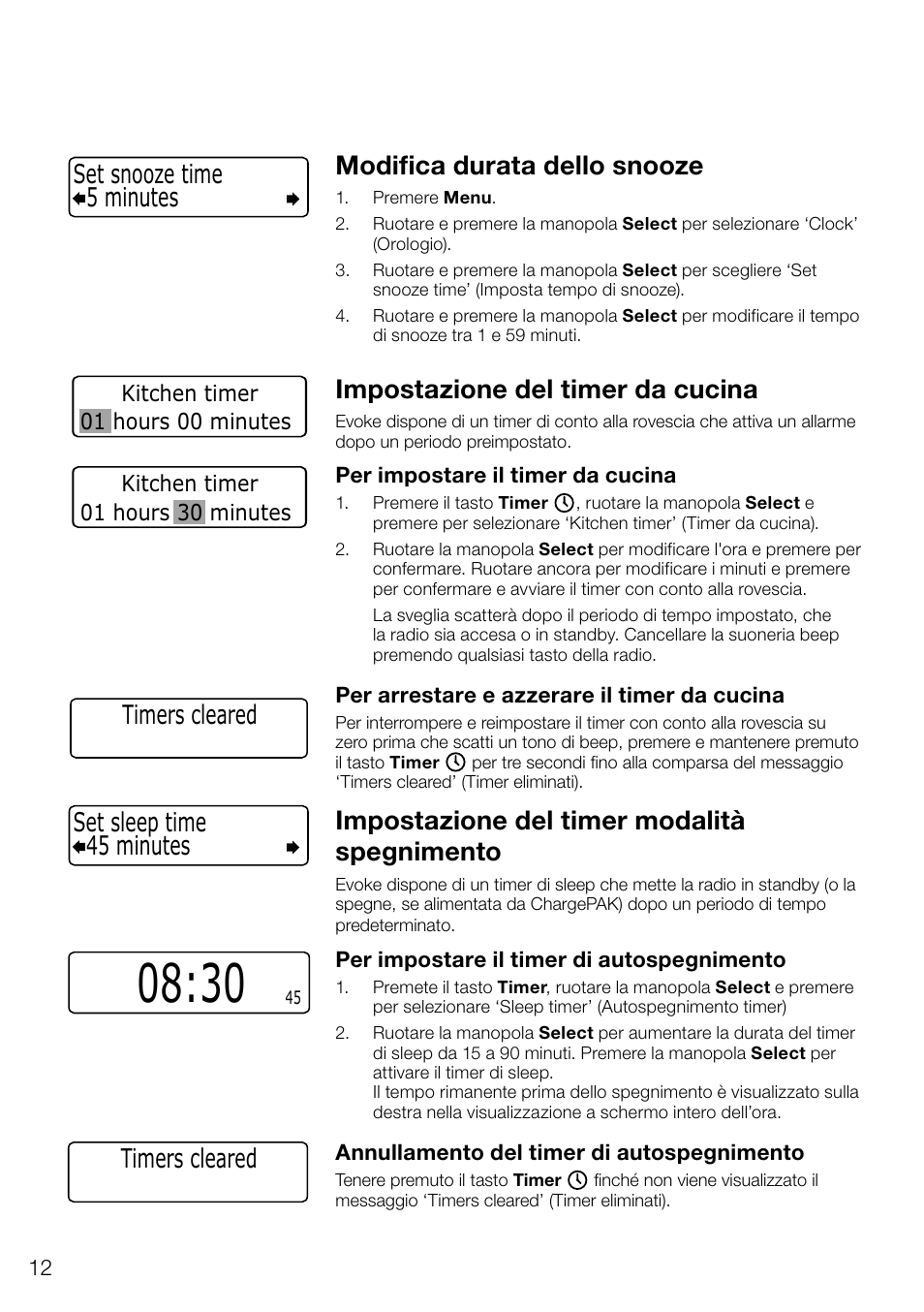 Modifica durata dello snooze, Impostazione del timer da cucina, Impostazione del timer modalità spegnimento | 45 minutes set sleep time, Timers cleared, 5 minutes set snooze time | Pure Evoke D4 User Manual | Page 74 / 124