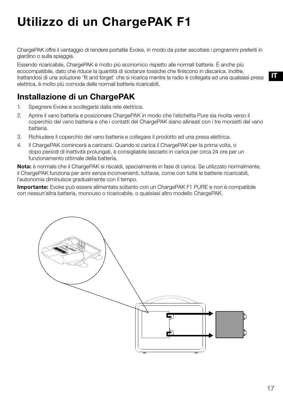 Utilizzo di un chargepak f1, Installazione di un chargepak | Pure Evoke D4 User Manual | Page 79 / 124