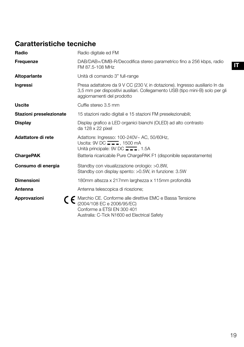 Caratteristiche tecniche, Es it | Pure Evoke D4 User Manual | Page 81 / 124