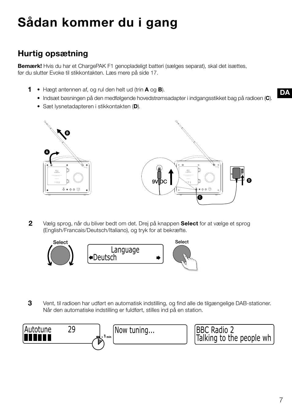 Sådan kommer du i gang, Talking to the people wh bbc radio 2, Now tuning | Autotune 29, Hurtig opsætning, Deutsch language | Pure Evoke D4 User Manual | Page 89 / 124