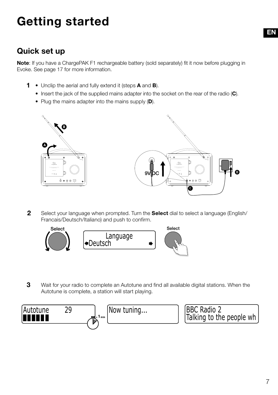 Getting started, Now tuning... talking to the people wh bbc radio 2, Autotune 29 | Quick set up, Deutsch language | Pure Evoke D4 User Manual | Page 9 / 124